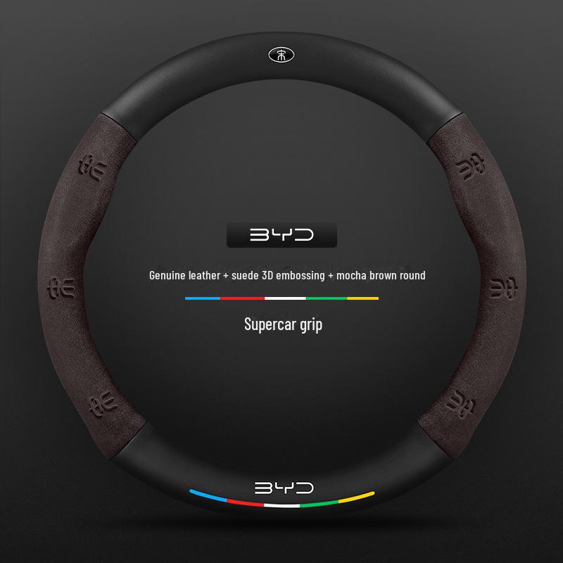 Compatible BYD Qin, Han, Tang, Song, Yuan E2 Destroyer Dolphin Leather Steering Wheel Cover with 3D Embossing