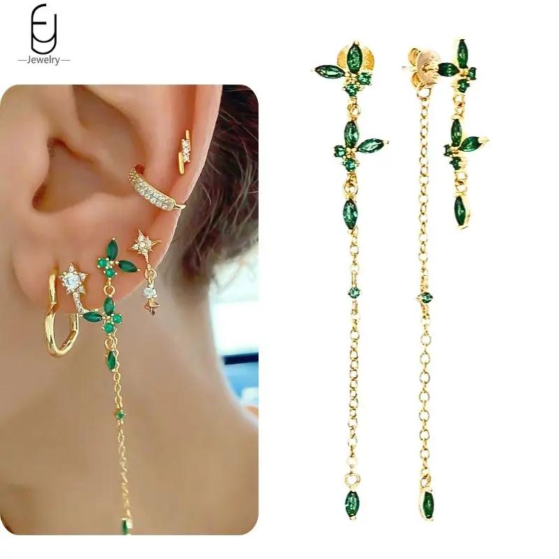 Серьги из стерлингового серебра 925 пробы с зеленым цирконом, золотые серьги-кольца в форме сердца для женщин, изящные пусеты, роскошные ювелирные изделия, подарки