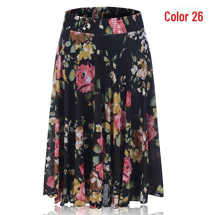 Women's Summer Floral Ice Silk Pleated Skirt - Mid-Length with Elastic Waist