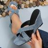 Fashion Slope Heel Cool Slippers Summer New Denim Round Head Cross Hollow High Heel Sandals