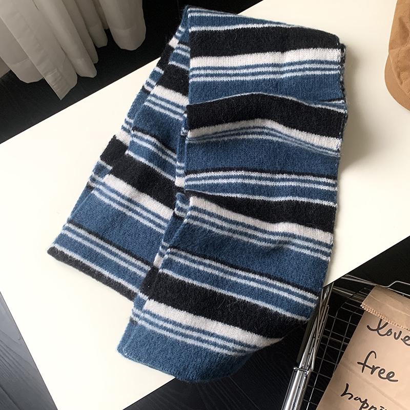 Falling Pool Women's Retro Striped Knit Scarf - Fluffy, High-End, Soft Neck Warmer for Autumn/Winter