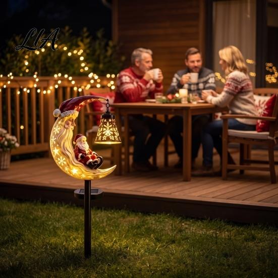 Seasonal Porch Lamp Santa Moon Garden Stake Light, Solar Powered Claus Path Light with Stake, Holiday Decorative for Outdoor Yard Lawn Patio
