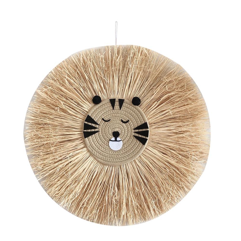 Hand-woven Cartoon Lion Tiger Straw Wall Hanging Craft Cotton Thread Weaving Tapestry Decor