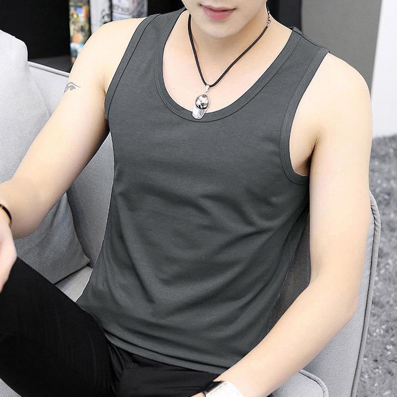 Мужская облегающая корейская спортивная безрукавка - дышащая, повседневная, однотонная рубашка с круглым вырезом