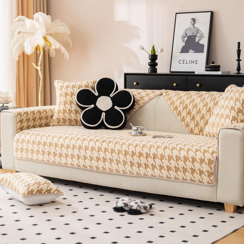 Qianniao Grid Sofa Cushion Comfortable Plush Autumn Winter New Thickened Seat Cushion High-end and Anti Slip Backrest Sofa Cover