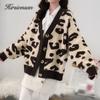 Hirsionsan Досуг вязаный кардиган с леопардовым принтом женский осенний свободный свитер с v-образным вырезом и длинными рукавами женские простые модные однобортные топы