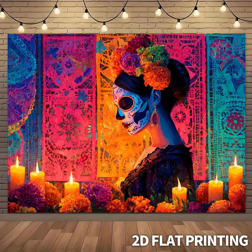 1pc Oversized Dia de los Muertos banner - Background with Sugar Skull woman, Halloween Grand Party decoration