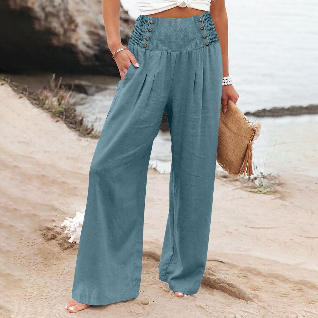 Summer Cotton Linen Wide Leg Pants Women Loose Palazzo Pant Pocket Elastic Waist Button Casual Pants