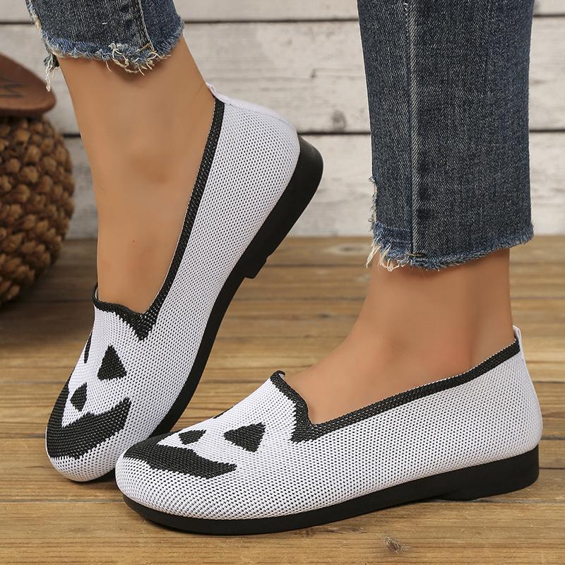 Модные женские туфли-балетки с принтом тыквы, дышащие, удобные вязаные слипоны для ходьбы, легкие лоферы на мягкой подошве для повседневной носки