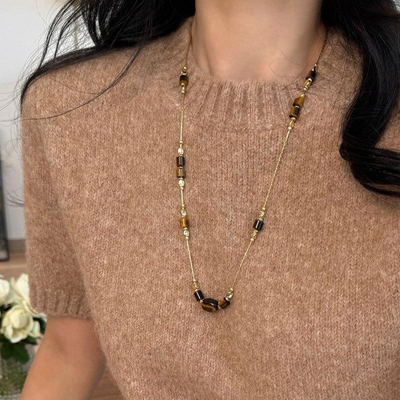 Autumn And Winter Maillard Tiger'S Eye Stone Beaded Necklace Women'S Niche High-End Sense Personalized Fashion Versatile Neck Chain Sweater Chain