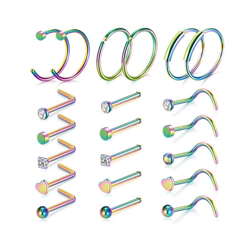 Комплект для пирсинга носа, перегородка, ноздри, кольца и шпильки из нержавеющей стали, хрустальный ювелирный обруч для пирсинга носа, 20 г, L-образный носовой ноготь