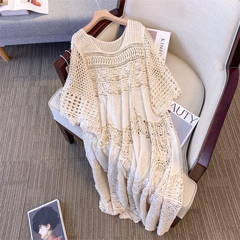 DIMANAF 2025 Летнее Женское Длинное Вязаное Платье с Рукавом Базовое Модное Кружевное Платье Свободное Платье