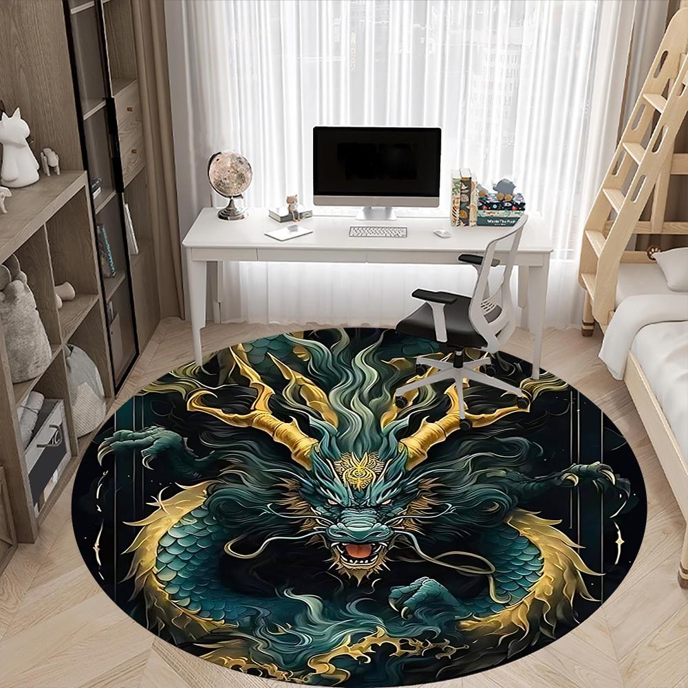 1PC Dragon Fantasy Office Round Area Rug, Mat Suitable For Office, Under Office Chairs Bedroom Living Room Home Decor, Room Deco