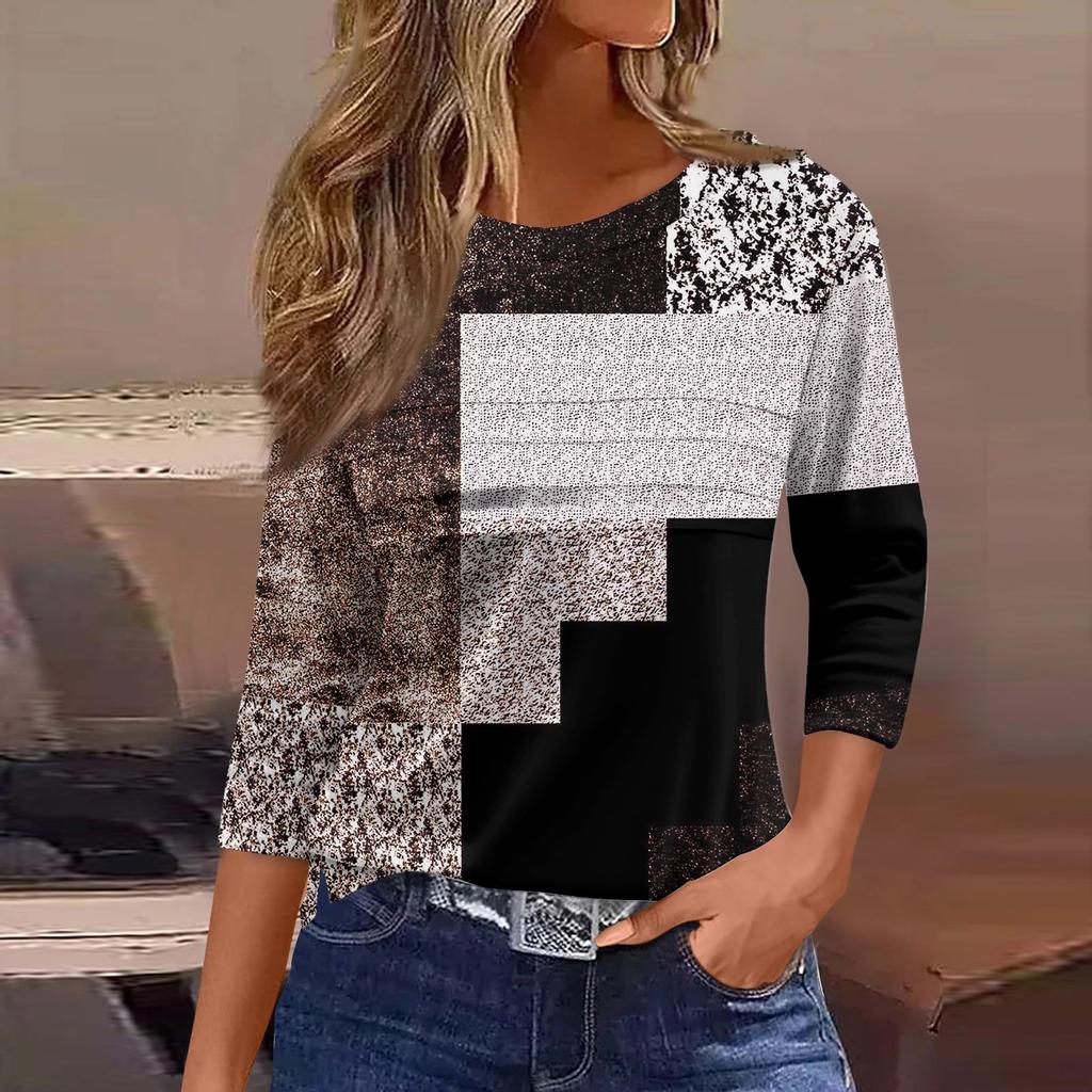 Женская мода повседневный свободный топ с рукавом 3/4 в полоску с круглым вырезом