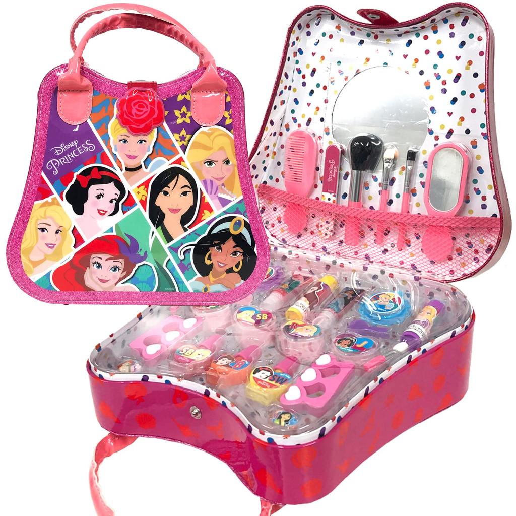 Disney Princess Cosmetic Set with Portable Handle and 30 Piece Set with Kids Makeup Cosmetic Makeup Girls Snow Princess Mirror, Stickers, Cosmetics,