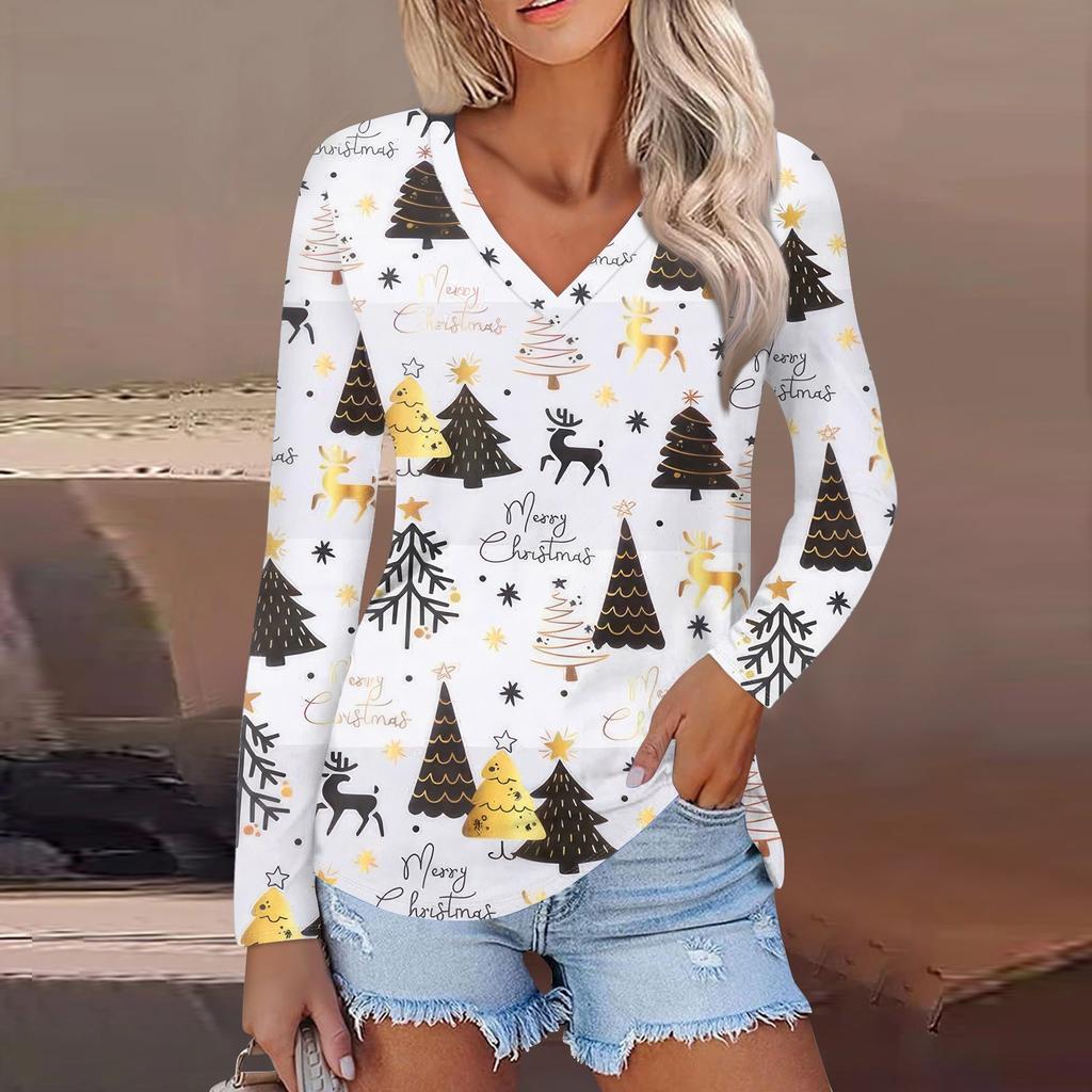 Women's Casual Fashion Sexy Comfortable Christmas Printed V-Neck Long Sleeve Top