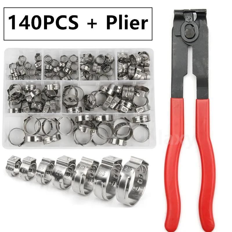 140/80PCS Single Ear Stepless Hose Clamps Hose Clip Clamp Pliers Set 7-21mm Stainless Steel Fuel Hose Clamps Cinch Clamp Ring