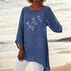 Women Fashion 3/4 Sleeve Top Round Neck Print Plus Size Blouse Thin Cotton Linen Shirt