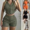 Women Two Piece Set Sleeveless Matching Set V-Neck Button Down Vest Shorts