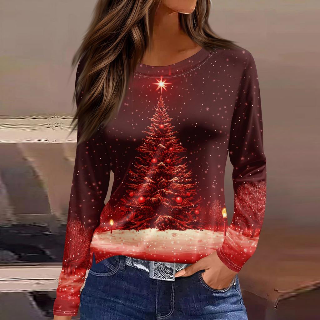 Женская модная повседневная футболка с разрезом и круглым вырезом, длинным рукавом, свободная, с принтом, женская футболка на Рождество