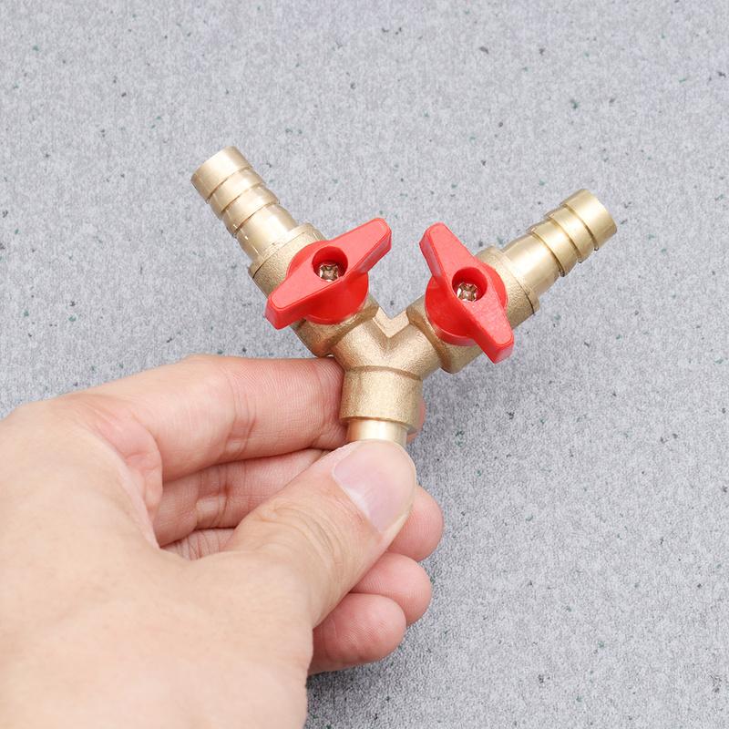 Y Shape Three-Way Gas Valve Copper 8mm Golden Red Shut Off Ball Valve Hose Barb Clamp Tee for Fuel Gas Distribution
