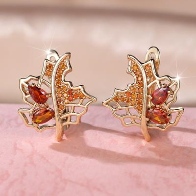 Винтажные серьги-кольца с красным цирконием и кленовым листом для женщин, роскошные золотые подарки на свадьбу