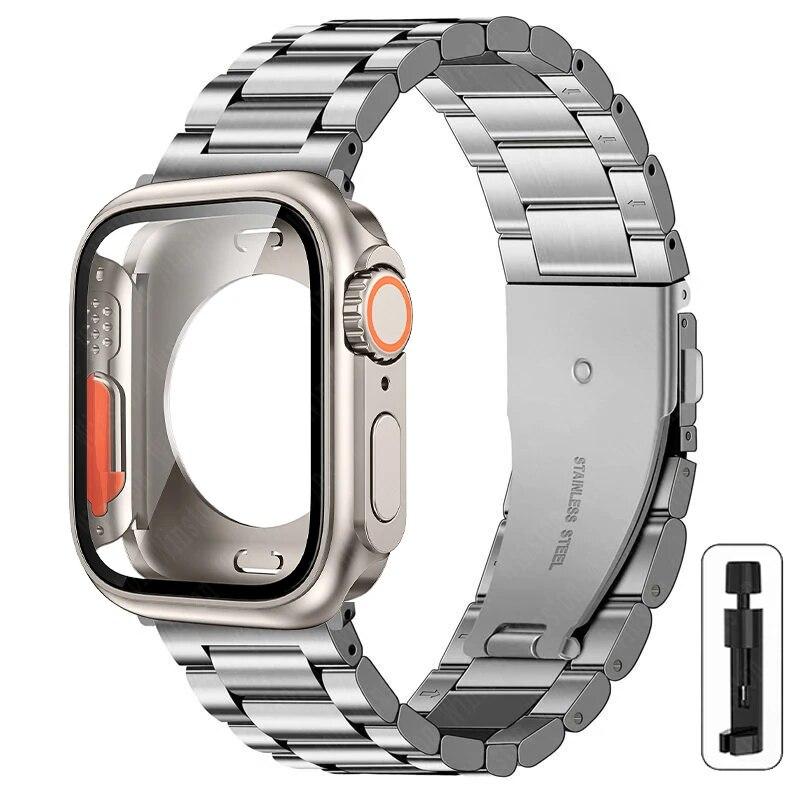 Ремешок+корпус из нержавеющей стали для Apple Watch 44мм 45мм 41мм 40мм Улучшенный ТПУ корпус Iwatch Series 9 8 7 6 SE 5 4 Металлический браслет