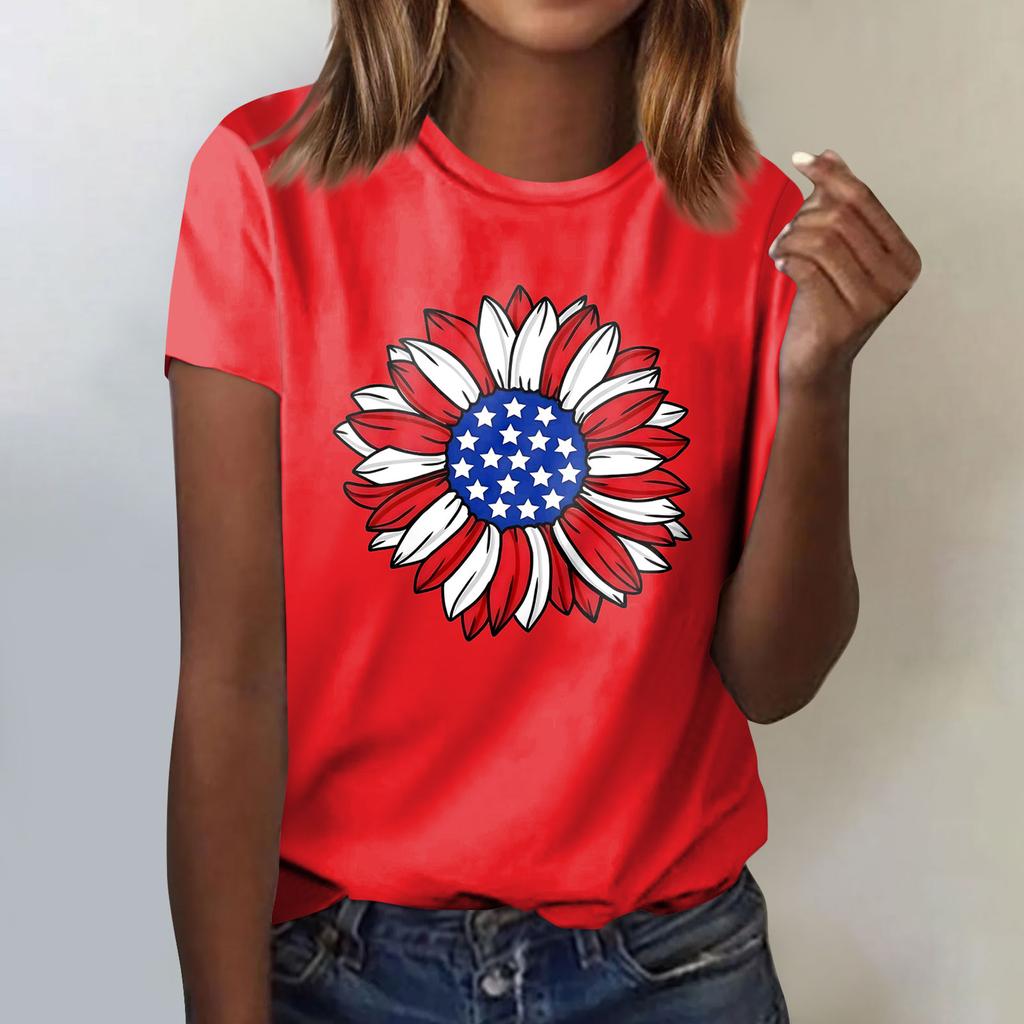 Women's Fashion Casual Independence Day Printed Round Neck Short Sleeve T-Shirt Top
