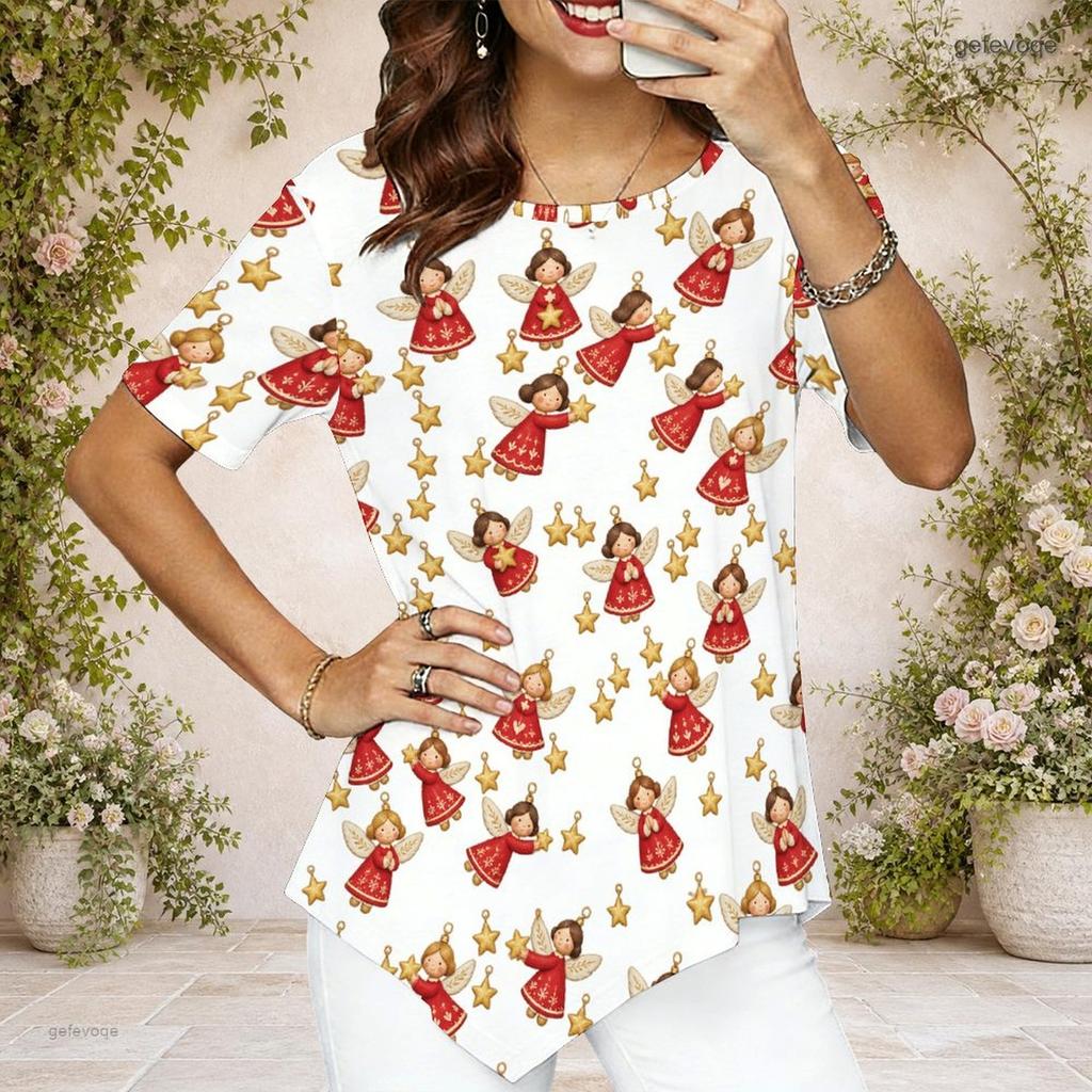 Women Plus Size Round Neck Short Sleeve Christmas Printed Pointed Hem White Shirt