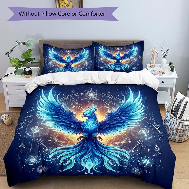 3pcs Blue Phoenix Rising Bedding Set - Includes Quilt Cover and Pillowcases, Suitable for All Seasons, Machine Washable - Ideal Gift for Fam