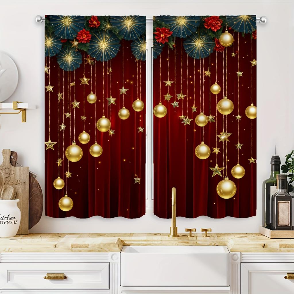 2pcs Luxurious Christmas Lights Print Curtains Set Semi-Sheer Polyester With Rod Pocket For Easy Hanging For Bedroom Living Room