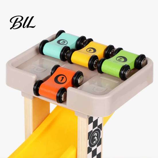 Early Development Sensory Toy Wooden Ramp Racer Car Toy, 4 Numbered Mini Cars And Parking Lot STEM Activity for Kids Design, Hand-eye Coordination