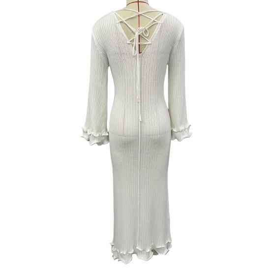 Женское платье макси с круглым вырезом сзади, на шнуровке, с открытой спиной, вязаное платье, однотонное, облегающее, с рюшами, длинное платье