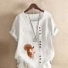 Women's Fashion Squirrel Prined Round Neck Short Sleeve T-shirt Casual Cotton Linen Graphic Shirt Leisure Loose Summer Blouse Tops