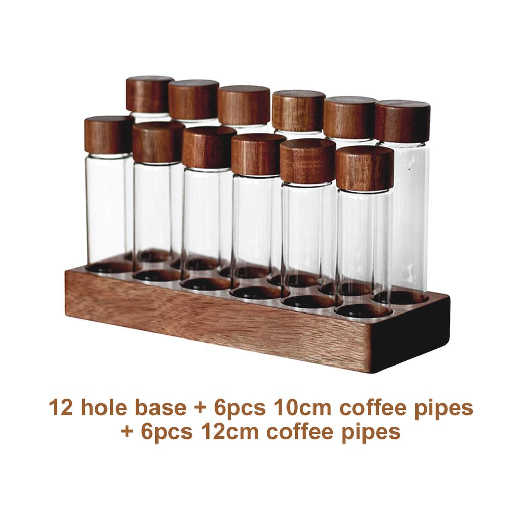 Leeseph Single Dose Coffee Bean Storage Tubes with Walnut Wood Display Stand and Funnel, Dosing Glass Vials with Lids, Best Gift