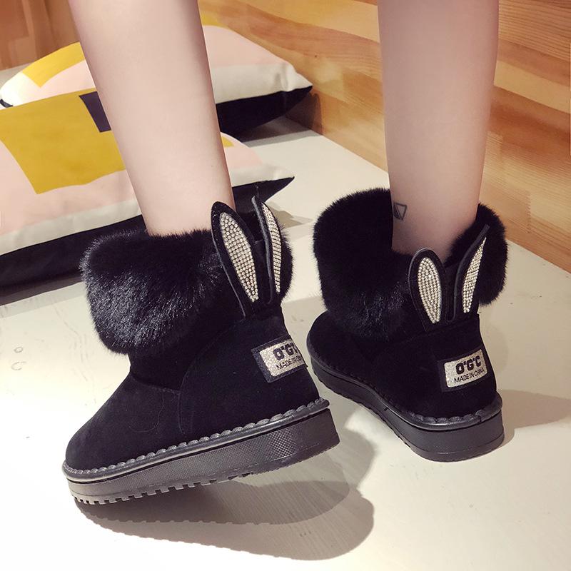 Fashion Short-Tube Snow Boots Women's Shoes Booties Rabbit Ears Rhinestone Non-Slip Wear-Resistant Plus Velvet Thickening Winter Warm