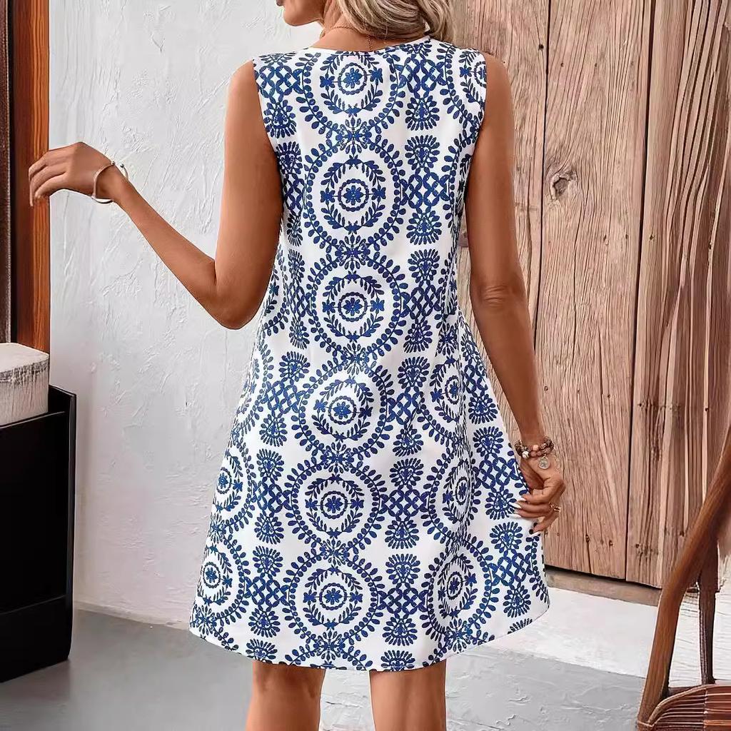 Women's Printed Sleeveless Dress with Ring Neckline, Summer Boho Dress