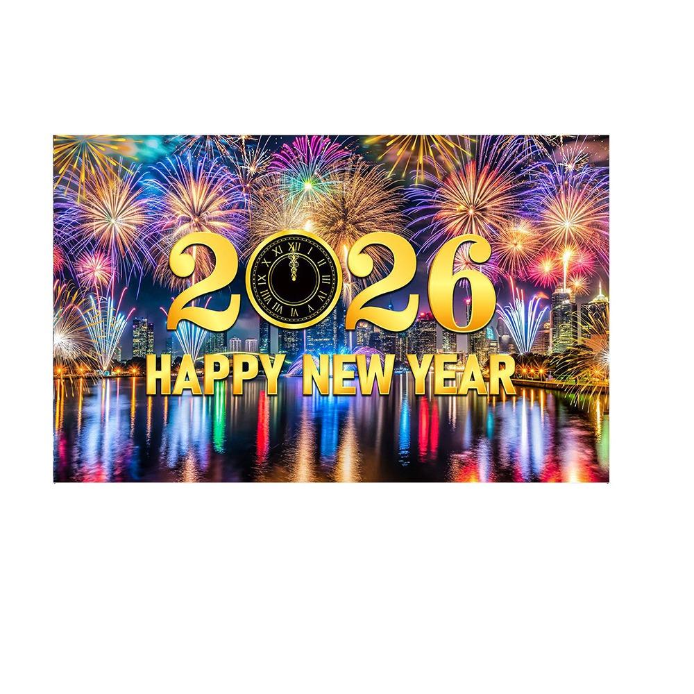 Black Gold 2026 New Year Backdrops Polyester Night Glittering Party Background Colorful Balloon Champagne Photo Background