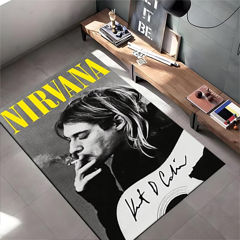 Pop Culture Area Rug, Nirvana Kurt Cobain Smoking Guitar Yellow Black Poster, Man Cave Decor, Non-Slip Mat