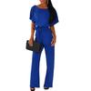 Women Jumpsuit with Lace-up Belt Wide Leg Short Sleeves Pure Color O Neck High Waist Outfit Casual Formal Long Romper Outfit