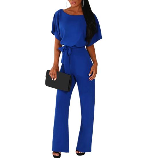 Women Jumpsuit with Lace-up Belt Wide Leg Short Sleeves Pure Color O Neck High Waist Outfit Casual Formal Long Romper Outfit