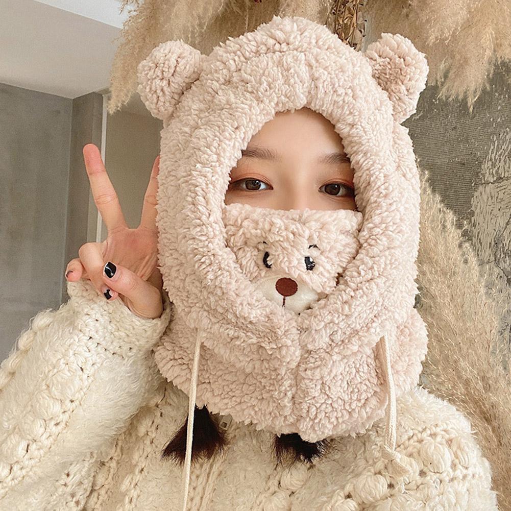 1pc Winter Cute Bear One Piece Scarf Hat For Women's Warm Plush Wind Earmuffs Bear Fabric Cycli X4G5