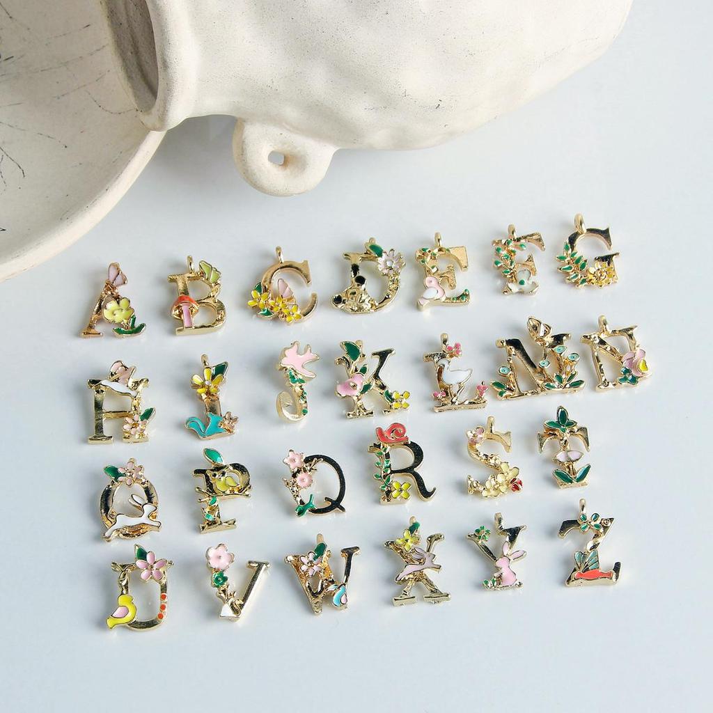 Floral Art English Letter Drip Oil Alloy Charms for DIY Jewelry & Bracelet Pendants