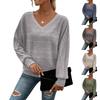 Women's Fashionable Solid Color V-neck Long Sleeved Casual Loose Top