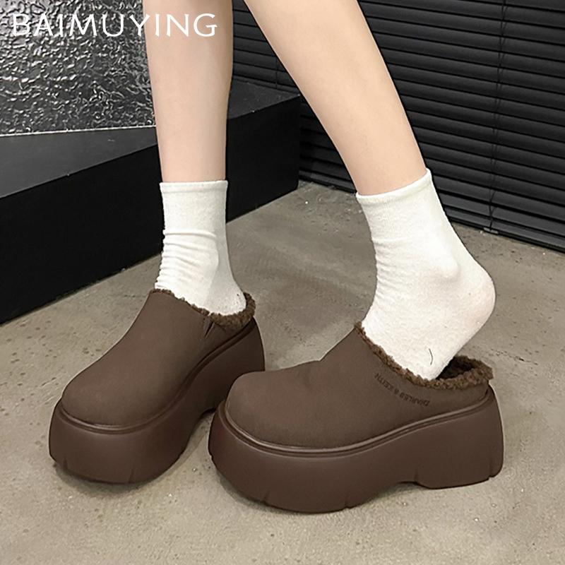 Замшевые женские хлопковые тапочки на платформе, дизайнерские туфли-мюли на среднем каблуке, новый бренд 2025 года, зимние теплые туфли для ходьбы и снега, женские туфли