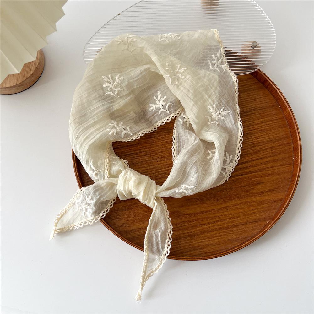 Cotton Linen Lace Triangular Scarf For Women In Spring Autumn And Summer Small Floral Small Scarf Headband Decoration Thin Style Wrapped Silk Scarf