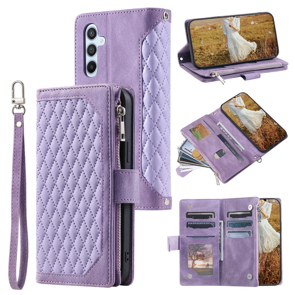 For Samsung Galaxy S25 FE Wallet Case Rhombus Stitching Line PU Leather Phone Cover with Wrist Strap
