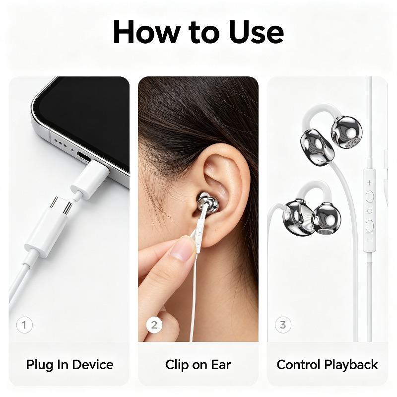 3.5MM/Type C Wired Headphones with Microphone HiFi Sound Ear Clip Wired Earphones Sports Headsets for iPhone 15 16 17 Samsung 2
