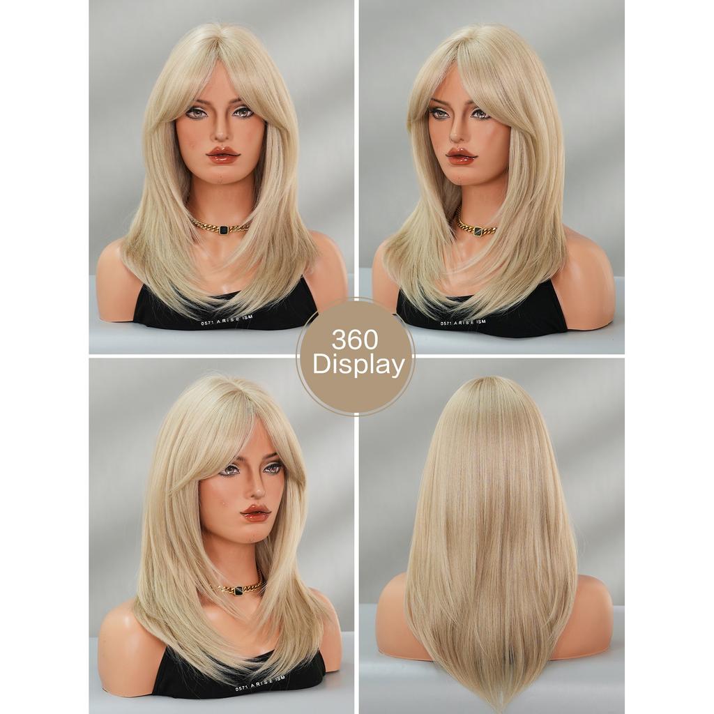 Light Gray Blonde Shoulder Straight Wig for Women - Asian Babe Curtain Bangs, Heat Style Trim Ready, High Quality Machine Made Full Cap Wig