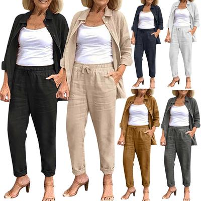 Модные женские повседневные однотонные рубашки с длинным рукавом из хлопка и льна, брючный костюм